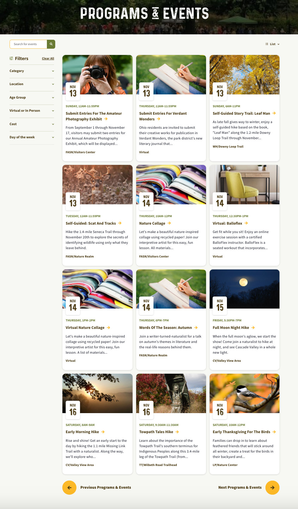 The main events page on the Summit Metro Parks website.
